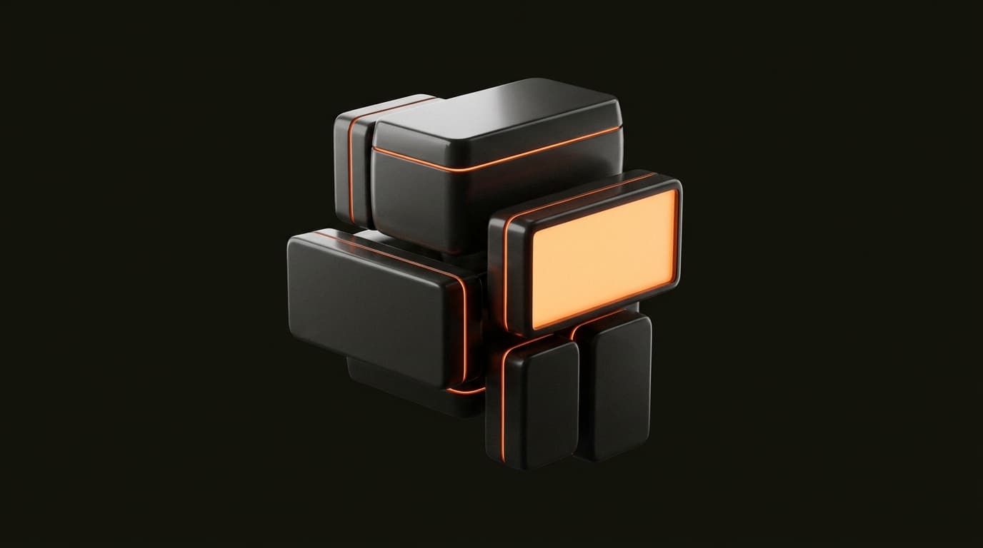 Abstract render of charcoal terminal blocks with ember-orange seams, one cell glowing amber