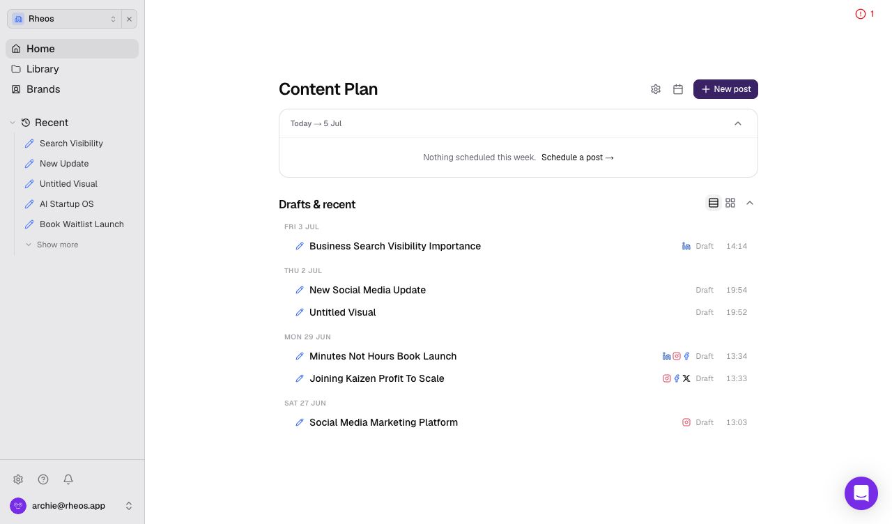 The current Rheos dashboard showing a business content plan, drafts and recent work.